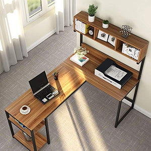 Tribesigns L-Shaped Desk with Hutch, 68 Inches Corner Computer Desk Gaming Table Workstation with Storage Bookshelf for Home Office,Dark,Walnut