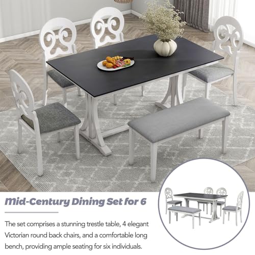 Bxhlxzz 6 Piece Retro Wood Dining Table Set with Chairs and Bench, Gray+Antique White