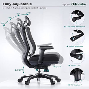 Odinlake Ergonomic Mesh High Back Office Chair with Adjustable Seat Depth, Lumbar Support, Footrest, Headrest, PU Wheels - Ergo Pro 633