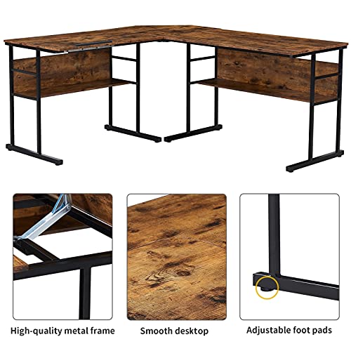 U/D Home Office L-Shaped Desk with Bottom Bookshelves and CPU Stand, Multi-Function Drafting Drawing Table (Color : Brown)