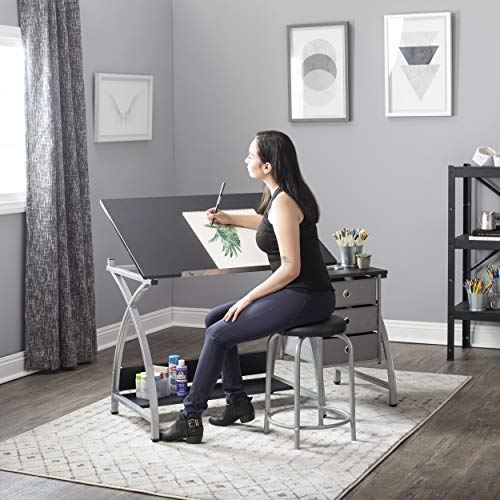 2 Piece Comet Art, Hobby, Drawing, Drafting, Craft Table with 36"W x 23.75"D Angle Adjustable Top and Stool in Silver/Black, Assembled Dimensions: 50" W x x 29.5" H