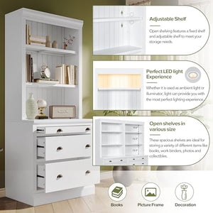 Linique Modern Tall Bookcase with LED Lights, 6 Drawers & Open Shelves, White