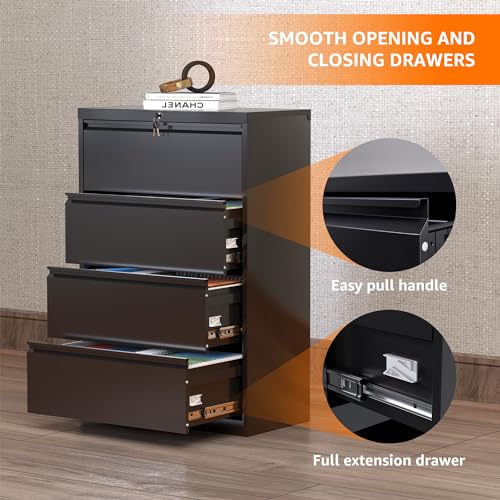 METAN Lateral 4 Drawer File Cabinet, Locking Steel, Black