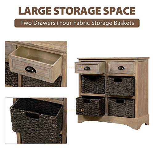 TREXM Rustic Storage Cabinet with Two Drawers and Four Classic Fabric Basket for Kitchen/Dining Room/Entryway/Living Room, Accent Furniture (White Washed)