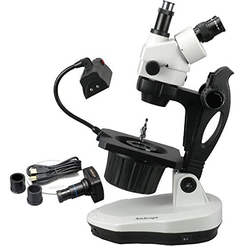 AmScope GM400TZ-3M Digital Trinocular Gemology Stereo Zoom Microscope, WH10x Eyepieces, 3.5X-90X Magnification, 0.7X-4.5X Zoom Objective, Halogen and Fluorescent Lighting, Inclined Pillar Stand, 110V-120V, Includes 0.5X and 2.0X Barlow Lenses, 3MP Camera