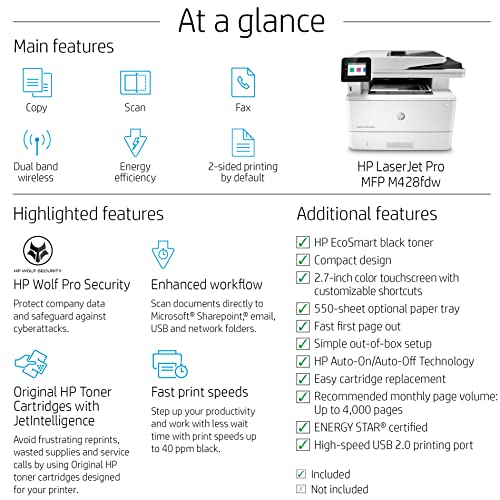 HP Laserjet Pro MFP M428 fdw All-in-One Wireless Monochrome Laser Printer, White - Print Scan Copy Fax - 40 ppm, 1200 x 1200 dpi, Auto Duplex Printing, 50-Sheet ADF, Ethernet, Cbmou External Webcam