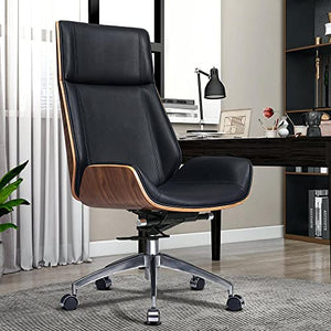 TOOMOO Genuine Leather High Back Executive Office Chair - 8-Layer Solid Walnut Wood, Aluminum Base