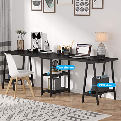 Tribesigns Double Computer Desk with Shelves, 94.5 Inches Extra Long Two Person Desk, Writing Desk Workstation for Home Office (Black)