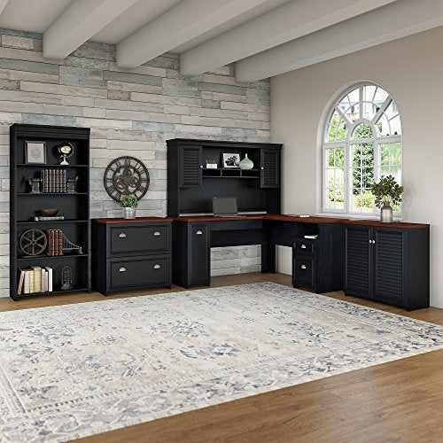 Bush Furniture Fairview 60W L Shaped Desk with Hutch, Storage Cabinets and 5 Shelf Bookcase in Antique Black and Hansen Cherry