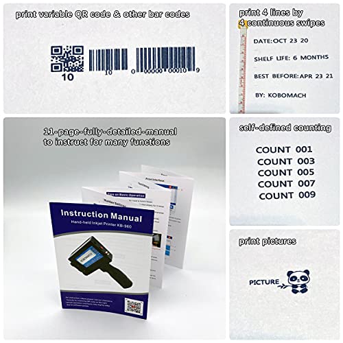 KOBOMACH Portable Handheld Inkjet Printer Gun with Detailed English Manual for Multi-Function to Quick-Dry Print (Bar Code QR Code Label Picture Date) on (PVC PET Wood Cloth Glass Metal)