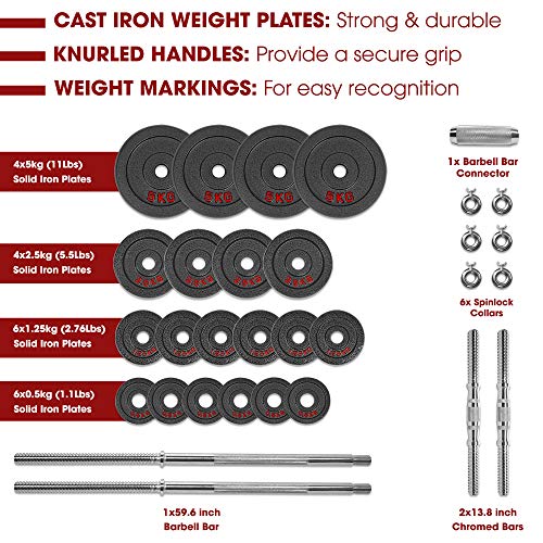 STOZM Multi-Purpose Adjustable Strength Training Weight Bench (Crimson) - High Weight Capacity 900 lbs and Dumbbell Set with Case – 50 kgs for Home Gym & Full Body Workout (Black Paint Finish)