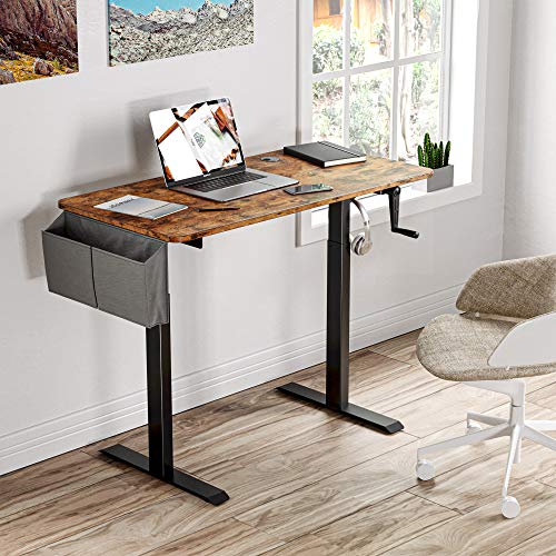 IRONCK Adjustable Height Desk,Standing Desk with Crank Handle,Sit Stand Desks with Storage Bag, Home Office, Brown