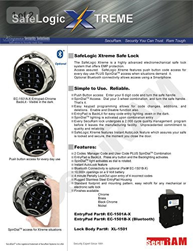 SecuRam SafeLogic Xtreme (Chrome Finish) Safe Lock. EMP Proof - Electronic Button Entry, with Mechanical Backup. Backlit Keypad & Dial. Up to 3 Codes. Std Lock Mounting Platform.