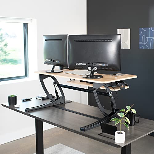 VIVO Height Adjustable Stand Up Desk Converter, V Series, Dual Monitor Riser Workstation, Light Wood Top - DESK-V000VO