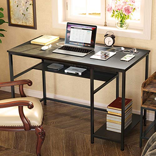Rolanstar Computer Desk, Home Office Writing Study Desk with Power Outlets 47", Business Style Workstation Table with Storage Shelves,Stable Metal Frame, Black