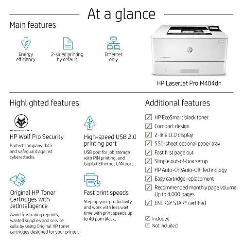 HP Laserjet Pro M404dn Monochrome Black-and-White Laser Printer, Auto-Duplex, Auto-On/Auto-Off Technology, 40 ppm, 250-Sheet, Built-in Ethernet, JAWFOAL Printer Cable