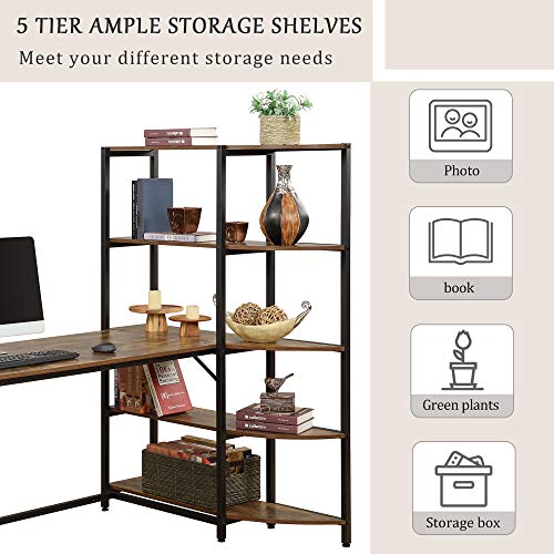 FURLKHY Home Office Computer Desk with 5 Tier Storage Shelves，Large Office Desk Study Writing Table Workstation with Corner Bookshelf and Tower Shelf（Brown）