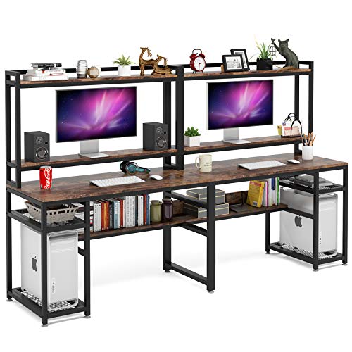 Tribesigns 94.5 inch Extra Long Double Computer Desk with Hutch & Monitor Stand, Large Two Person Desk with Storage Shelves & CPU Stand, Study Writing Table Workstation with Bookshelf for Home Office