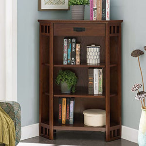 Leick Home 82263 Mantel Height 3 Shelf Corner Bookcase with Drawer Storage, Mission Oak, Brownbronze