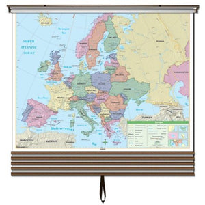 Essential Wall Maps Set on Roller w/ Backboard; 6-Map Choices. Wall mount hardware included.