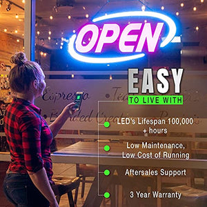 GLI Led Open Sign for Business – Stand Out with 64 Super-Bright Color Combos to Match Your Brand, Programmable App – Neon Flash, or Scroll – 15 x 32 inch