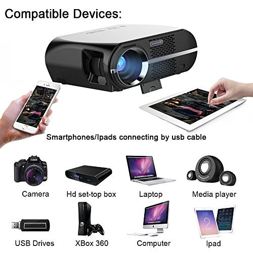 Video Projector Full HD, VPRAWLS HD LED Home Theater Projector Movie Projector with 1280x800 WXGA Resolution Support 1080P HDMI USB VGA for Home Cinema Party Games