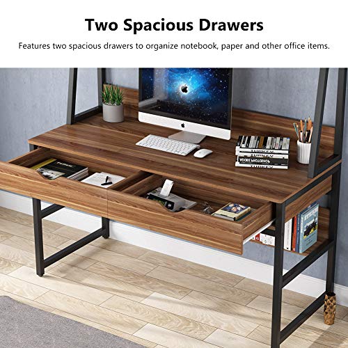 Tribesigns Computer Desk with 2 Drawers, 47 Inches Office Writing Desk with Bookshelf and Hutch, Space Saving Workstation Desk for Home Office (Dark Walnut)