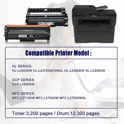 5-Pack Black (1Drum+4Toner) Compatible DR-730 Drum Unit and TN-760 Toner Cartridge Replacement for Brother DCP-L2550DW MFC-L2710DW L2750DW L2750DWXL HL-L2350DW L2390DW L2395DW Printer Toner Cartridge.