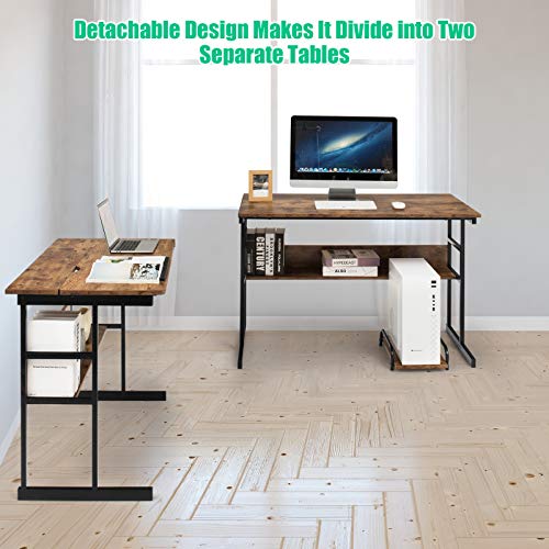 Tangkula 67 inches L-Shaped Desk, Corner Computer Desk with Bottom Bookshelves & CPU Stand, Drafting Drawing Table with Tiltable Desktop, Corner Computer Workstation Home Office Desk (Rustic Brown)