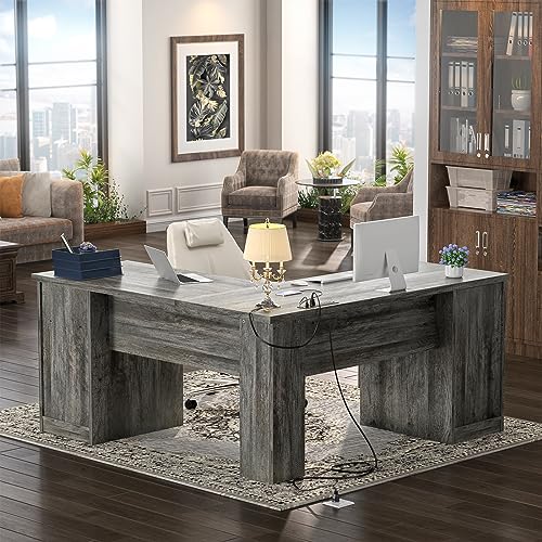Unikito L Shaped Desk with Drawers, USB Charging Port, Power Outlet - 60 Inch, Black Oak