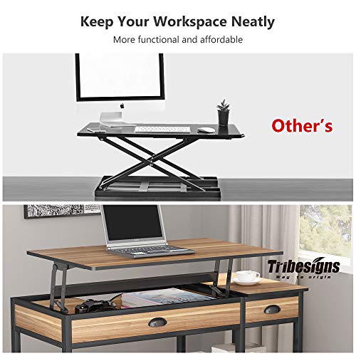 Lift Top Desk with Drawers, 47 inch Computer Desk with Shelves, Height Adjustable Standing Desk with Monitor Riser, Study Table Writing Desk for Home Office (Oak)