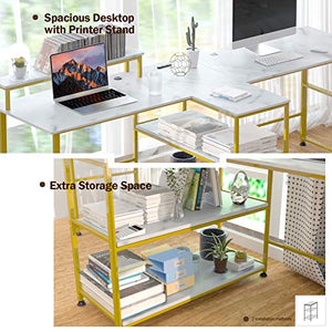 Houssem 94.5’’ Two Person Desk with Monitor Stand, Double Computer Desk with Storage Shelves, Extra Long Workstation Desk with Power Strip for Home Office Study Room Bedroom