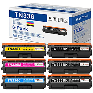 6 Pack (3Black+1Cyan+1Magenta+1Yellow) TN336BK TN336C TN336M TN336Y TN336 High Yield Toner Cartridge Set Replacement for Brother HL-L8250CDN MFC- 9460CDN DCP-9050CDN Printer Toner