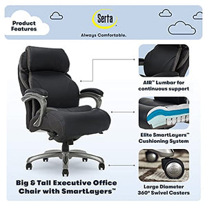 Serta Big and Tall Executive Office Chair with AIR Technology, Smart Layers Premium Elite Foam - Supports up to 350 lbs - Bonded Leather - Black