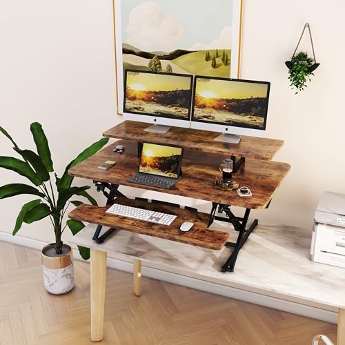 Lubvlook 42" Standing Desk Converter with Keyboard Tray, Rustic Brown