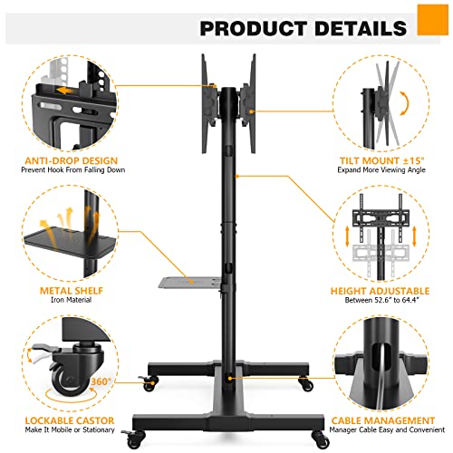 5Rcom Rolling TV Cart for 32-55 Inch TVs with Laptop Shelf, Height Adjustable - Holds Up to 132 lbs