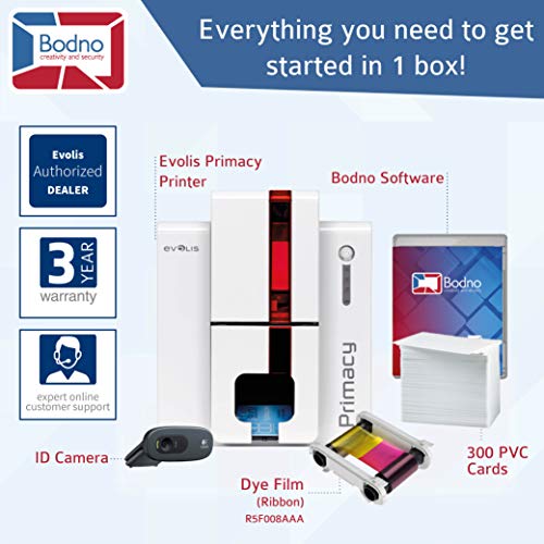 Evolis Primacy Dual Sided ID Card Printer & Complete Supplies Package with Bodno Bronze Edition ID Software