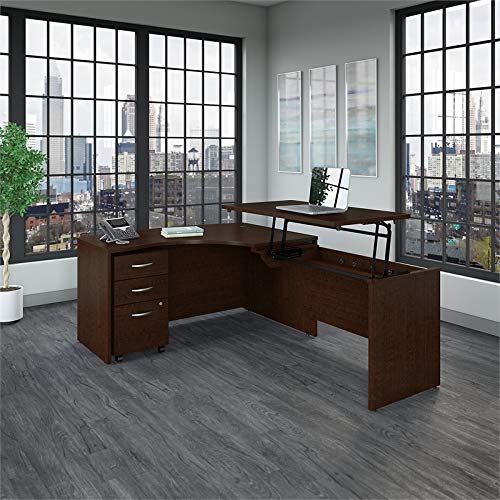 Bush Business Furniture Series C 60W x 43D Right Hand 3 Position Sit to Stand L Shaped Desk with Mobile File Cabinet in Mocha Cherry