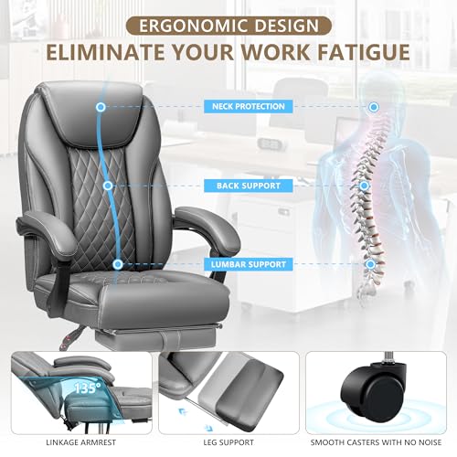 BestEra Executive Office Chair Big and Tall High Back Ergonomic Leather Chair with Footrest, Adjustable Height, Lumbar Support - Gray