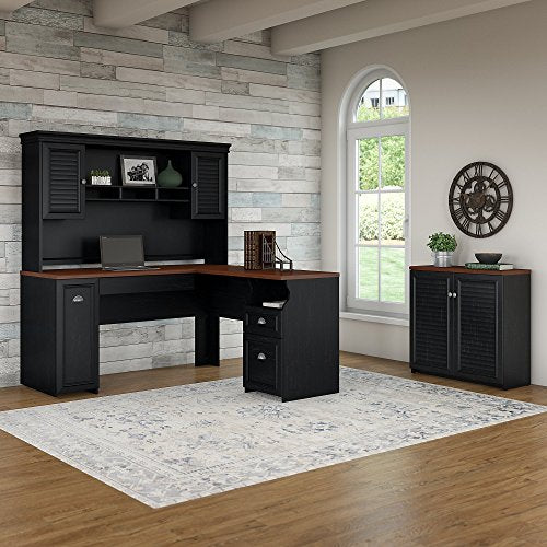 Bush Furniture Fairview 60W L Shaped Desk with Hutch and Small Storage Cabinet in Antique Black and Hansen Cherry