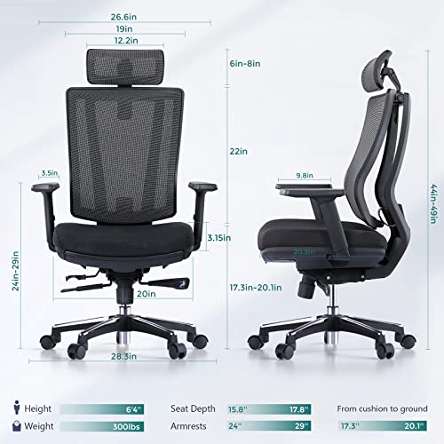 Odinlake Ergonomic Mesh High Back Office Chair with Adjustable Seat Depth, Lumbar Support, Footrest, Headrest, PU Wheels - Ergo Pro 633