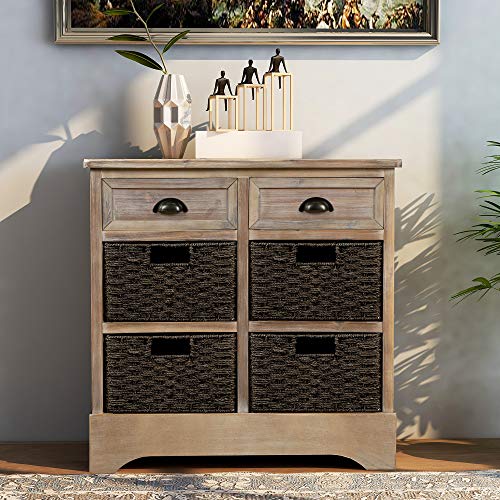 TREXM Rustic Storage Cabinet with Two Drawers and Four Classic Fabric Basket for Kitchen/Dining Room/Entryway/Living Room, Accent Furniture (White Washed)