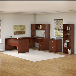 Bush Furniture Commerce 60W U Shaped Desk with Hutch, File Cabinets and Bookcase in Autumn Cherry