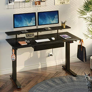 Rolanstar Adjustable Height Desk with Drawer 55" Dual Motor Standing Desk with USB Charging Ports, Stand Up Home Office Desk with Shelf, Double Headphone Hook, Black