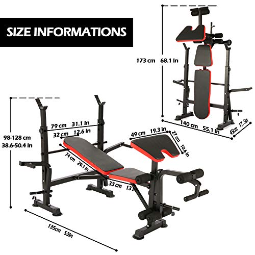 330lbs Weightlifting Bed Bench Press Squat Rack Indoor Multi-Function Adjustable Olympic Weight, Strength Training Fitness Exercise Equipment for Full-Body Workout (Black Red)