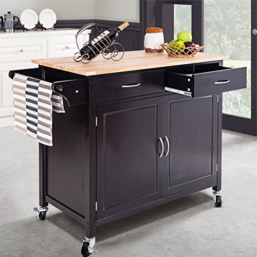 CHEFJOY Kitchen Rolling Cart w/ 2 Drawers 2-Door Cabinet Adjustable Shelf Wood Top Island Serving Utility Storage Cart w/Lockable Wheels Towel Rail Handle (Dark Brown)