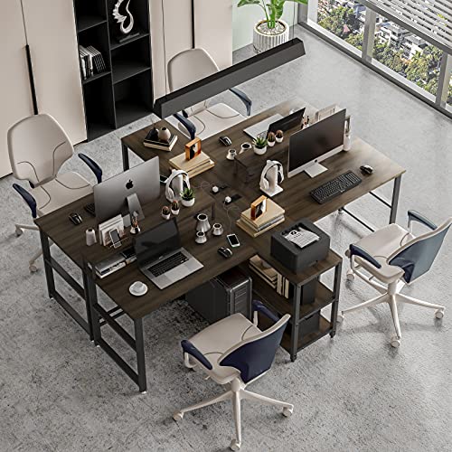 Sedeta 94.5 inches Computer Desk, Two Person Desk, Double Desk with Storage Shelves, Extra Long Workstation Desk with Monitor Stand, Power Strip with USB, Study Writing Desk for Home Office, Walnut