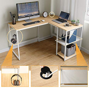 Domy Home L-Shaped Home Office Desk 74'' 2 Person Student Kid Writing Desk w/Storage Shelves Headphone Hook PC Laptop Table Sturdy Metal Frame Easy Assembly Oak