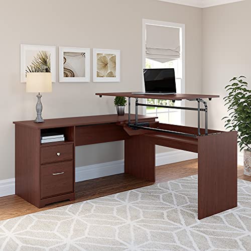 Bush Furniture Cabot 60W 3 Position L Shaped Sit to Stand Desk in Harvest Cherry