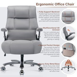 OPOWING Big and Tall Office Chair 500lbs - Fabric Executive Desk Chair with Adjustable Lumbar Support, 3D Flip Up Arms, Grey